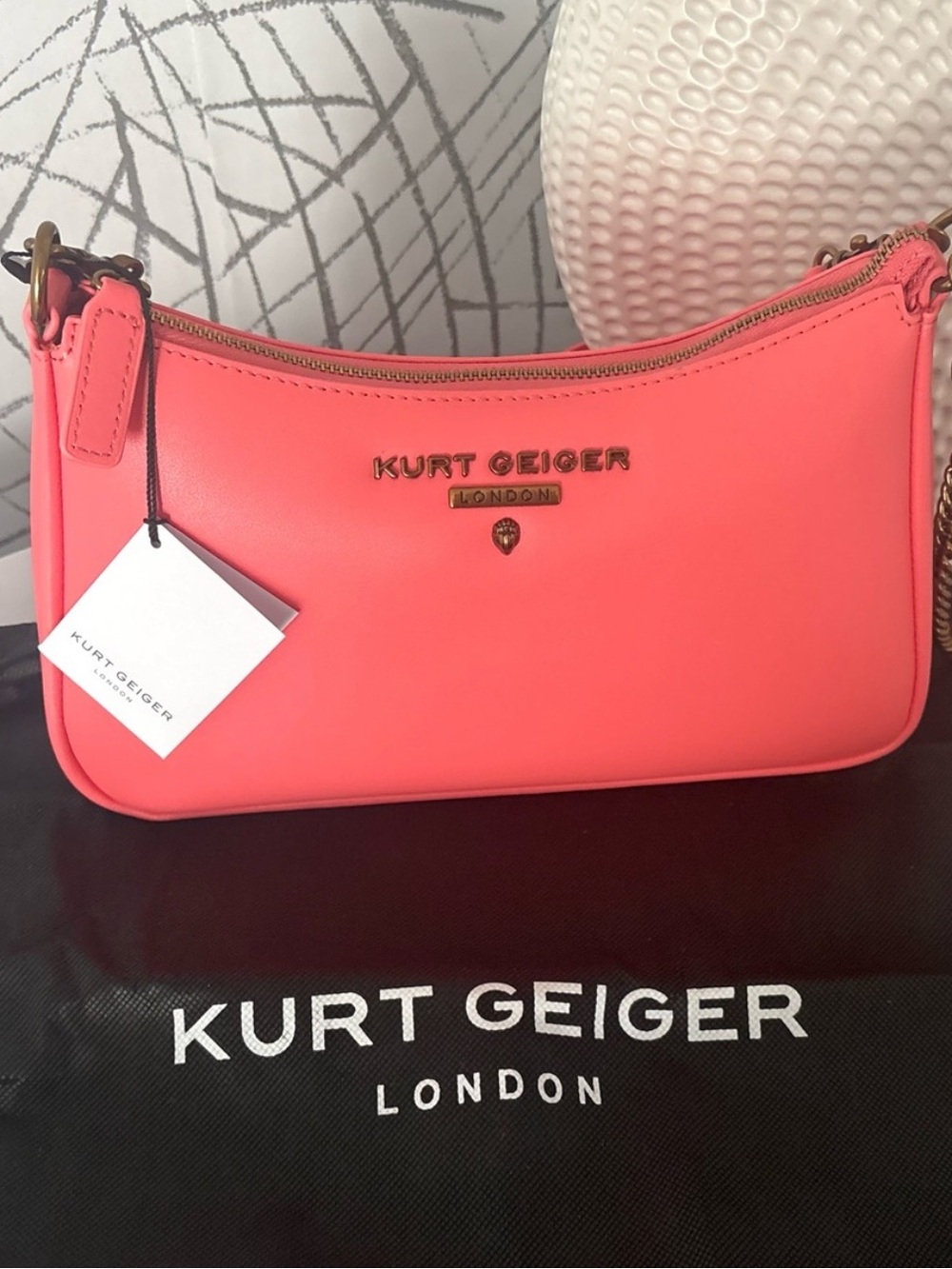 Kurt Geiger Coral Pink Leather Crossbody with Gold Chain